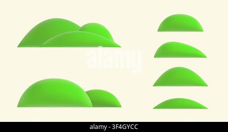 Süßer 3D-Frühlingshügel, bedeckt mit grünem Gras. Cartoon-Landschaftselemente und Komposition für Kinderillustrationen, Naturszenen, Außenumgebungen Stock Vektor