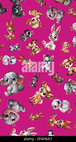 Nahtlose Vektorillustration von Baby-Safari-Tieren in einem verspielten Cartoon-Stil auf Rosa. Stock Vektor