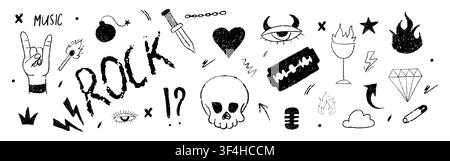 Gothische Emo-Kohle-Schädel-Doodles. Kreide-Kritzel-Kollage. Vektor-Dunkel-Kunst-Texturen Stock Vektor