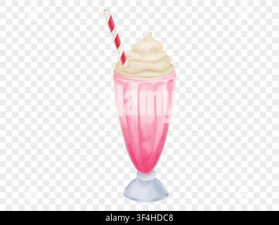 Handgemalte Aquarellillustration eines rosa Milchshakes mit Schlagsahne und gestreiftem Strohhalm in einem klassischen Glas. Vektor. Stock Vektor