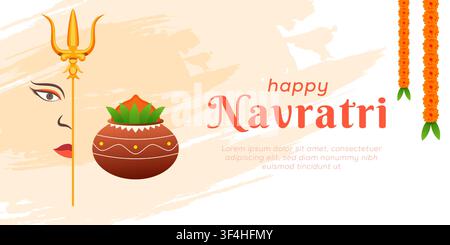 Fröhliches Navratri-Horizontal-Banner-Design mit Trishul und Kalash Stock Vektor
