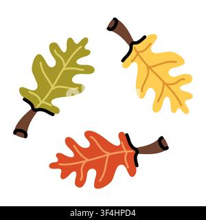 Eichenblatt-Vektor-Set isoliert auf weißem Hintergrund. Herbstlich von Hand gezeichnete Laubelemente in Grün, Gelb und Orange. Schöne Herbstnaturillustrationen Stock Vektor