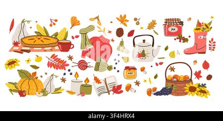 Herbstliches, gemütliches Cartoon-Aufkleber-Set. Niedliche Herbstelemente. Handgezeichnete Doodle-Ernte-Symbole und Kompositionen. Vektor-Flachillustration von Kürbissen, Mais. te Stock Vektor