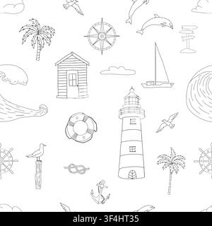 Nautisches Doodle-Muster nahtloses Vektor-Grafik-Illustration. Meeres-Ozean-Elemente in wiederholtem Ornament. Handgezeichneter Leuchtturm, Küstenhaus, Welle Stock Vektor