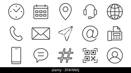 Kontaktzeilen-Symbolset. Datum, Uhrzeit, Ort, Arbeitszeiten, Callcenter, QR-Code, E-Mail, Fax, lineare minimale Vektorillustration. Einfache Umrisszeichen Stock Vektor