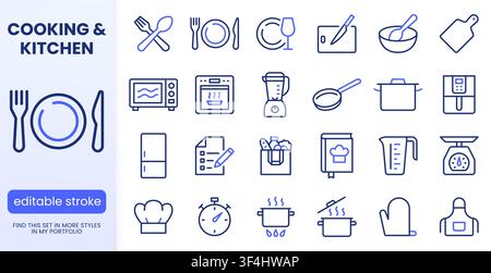 Küche, Kochschnur-Icons Set. Luftfritteuse, Mixer, Backofen, Kühlschrank, Rezeptkochbuch, Lebensmittellieferung flach minimale Vektorillustrationen. Einfach Stock Vektor