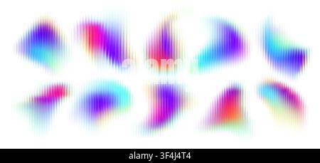 Abstrakte Farbverlauf gerippte Glasfluss-Vektor-Sammlung auf weißem Hintergrund. Unscharfe holografische Formen mit weichen Regenbogenmischungen und vertikaler Linie Stock Vektor