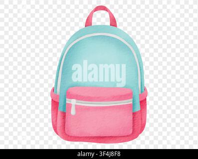 Aquarell-Rucksack in Rosa und Aqua im niedlichen Back-to-School-Stil. Vektor. Stock Vektor