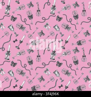 Vintage dunkle Kokette nahtloses Muster auf rosa Hintergrund. Handgezeichnete schwarze Kohle-Kegel-Kerzenbecher-Bogen-Texturillustration. Realistisch detaillierte Sk Stockfoto