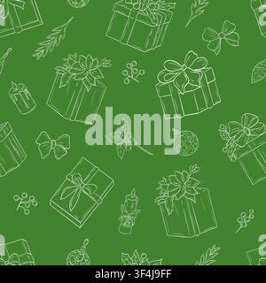 Nahtloses Weihnachtmuster mit handgezeichneten Geschenkschachteln, Schleifen, Verzierungen, Kerzen, Stechpalmen und immergrünen Zweigen Stock Vektor