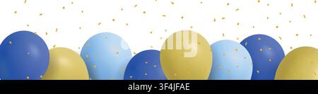 Blaue und gelbe Luftballons mit goldenem Konfettirand auf weißem Hintergrund für festliche Grüße und Feierdesigns Stock Vektor