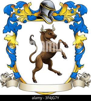 Stierwappen oder Wappen der Familie Heraldik mittelalterliches Wappenschild mit Helm und filigranem Akanthus-Rollenverzierung. In einem alten Holzschnitt-Stall Stock Vektor