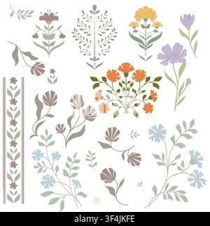 Gartenblumen mit Blüten und Blättern, einfaches flaches Muster. Vektorabbildung. Geometrischer Blumenstrauß, isoliert auf weißem Hintergrund Stock Vektor