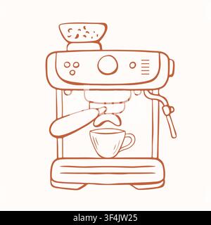 Kaffeemaschine mit Espresso, kleine Tasse isoliert auf beigem Hintergrund. Handgezeichneter Linienstil. Küchengerätesymbol. Grafische Vektorillustration Stock Vektor