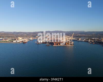 Ladungseinhäuser und Kräne füllen den Industriehafen und unterstützen den globalen Handel und den Frachttransport in einem geschäftigen Seehafen. Stockfoto
