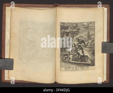 Ein Kupferstich von 1600 von Adriaen Collaert, einem flämischen Kupferstecher und Verleger, der die Flucht von Elisabeth und Johannes in die Wüste zeigt, um dem Kindermord zu entkommen, aus der Serie 'Vita S. Ioannis Baptistae'. Stockfoto