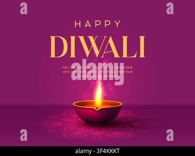Fröhlicher Diwali-Fest-Vektorhintergrund. Brennende Ton-Diya-Öllampe mit heller Flamme auf lila Hintergrund mit Rangoli-Muster und goldener Typografie-Wünschen. Grußkartenvorlage für das Lichterfest. Stock Vektor