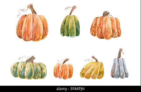 Aquarell-Kürbisset mit sieben verschiedenen herbstlichen Erbsenzierkürbissen isoliert auf weißem Hintergrund für DIY-Halloween- und Erntedank-Design Stockfoto