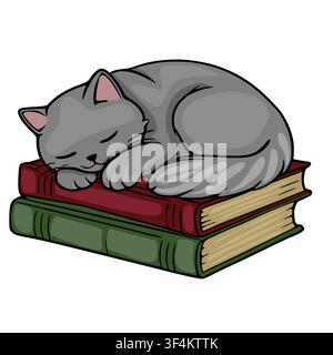 Süße graue Katze, die auf einem Stapel Vintage-Bücher schläft, Vektorillustration Stock Vektor