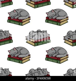 Nahtloses Muster mit niedlichen grauen Katzen, die auf gestapelten Vintage-Büchern schlafen, Vektorillustration Stock Vektor
