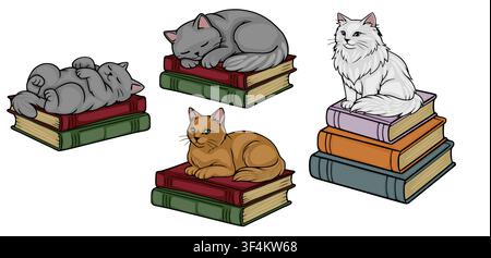 Satz von Vektorillustrationen mit niedlichen Katzen, die auf Stapeln farbenfroher Vintage-Bücher schlafen und sitzen Stock Vektor