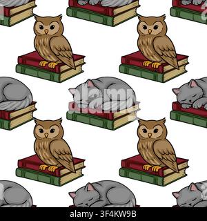 Nahtloses Vektormuster mit niedlichen Eulen und schlafenden Katzen auf Stapeln von Vintage-Büchern Stock Vektor