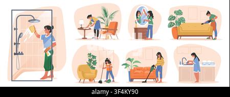 Sauberes Zuhause. Mann in Haus, Frau in Wohnzimmer. Lustiger Cartoon-Reiniger in Wohnung, Hausarbeit, Staubsaugen und Wischen. Haushaltspflege, Hygieneszenario. Vektorillustration Stock Vektor