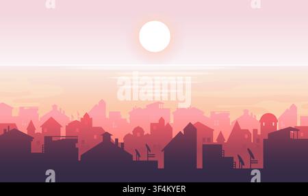 Stadt-Silhouette. Kleines Haus mit Schornstein, Geschäft oder Wohnhaus-Panoram silhouette. Moderne Stadtsilhouette, Dorfdesign. Dächer und rosa Sonnenaufgang. Hintergrund mit moderner Architektur. Vektor-minimale urbane Symbole Stock Vektor