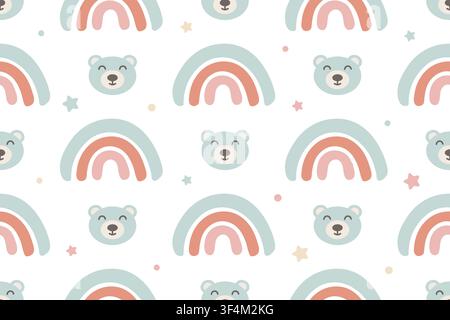 Nahtloses Muster mit niedlichen Teddybären und einem Regenbogen. Buntes Tapetenmuster für ein Kinderzimmer, eine Babyparty, Neugeborenenprodukte, Kinderzimmerdekoration für Kinder. Dekoratives Design mit weichen Pastellfarben Stock Vektor