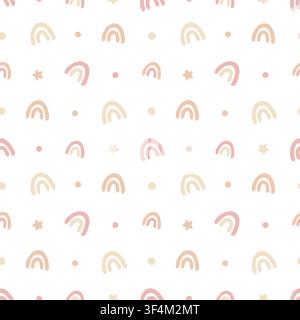 Nahtloses Muster mit handgezogenem Boho-Regenbogen und Punkten. Niedliches kindliches Tapetenmotiv. Pastellfarbene Kinderzimmertextur für Babytextilien, Geschenkpapier, Kinderzimmerdekoration, Kleidung oder Hintergrunddesign-Element. Stock Vektor