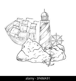 Vektor Vintage Leuchtturm auf Felsen, Windsegel Boot, Infinity Knoten Seil, Anker, Navigation Marine Kompass. Handgemaltes lineares nautisches Symbol Stock Vektor