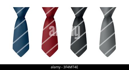 Vektor-Krawatten-Set. Blau, Rot Schwarz, Grau gestreifte klassische Herren-Business-Krawatten-Icons. Formelle Büro-Kleiderordnung-Zubehör für Anzug, Modedesign Stock Vektor
