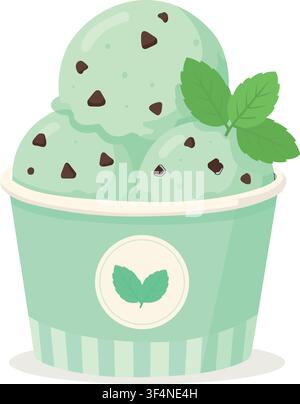 Ein grünes Pfefferminz-Schokoladenstück-Eis, das in einem grünen Pappbecher serviert wird, Vektorillustration isoliert auf weißem Hintergrund. Dieses köstliche Dessert ist belegt mit Stock Vektor
