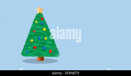 Schmückter grüner Weihnachtsbaum mit bunten Kugeln und einem goldenen Stern auf blauem Hintergrund Stockfoto