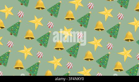 Weihnachtsbaum mit goldenen Sternen und Glöckchen nahtloses Feiertagsmuster auf salbeigrünem Hintergrund Stockfoto