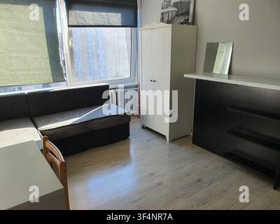 Ein sonnendurchflutetes Interieur eines kleinen Wohnzimmers oder Studios mit einem dunkelgrauen Ecksofa, das in der Nähe eines großen Fensters positioniert ist, mit teilweise Stockfoto