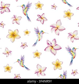 Nahtloses Muster mit blühenden Frangipani-Blumen und Kolibris. Aquarell handgezeichnete tropische Plumeria-Pflanze. Isolierte botanische Illustration auf Stockfoto
