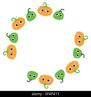 Niedliche Kürbischaraktere runder Rahmen isoliert auf weißem Hintergrund. Kawaii orange und grüne Kürbiskranzrahmen Vektorillustration für Halloween oder Stock Vektor
