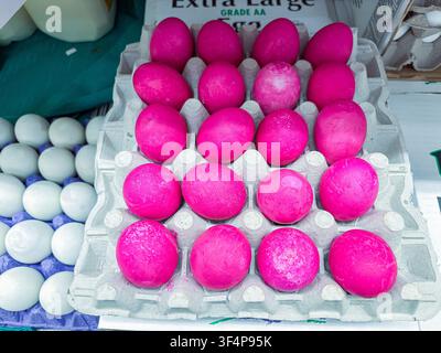 Hellrosa gefärbte Eier in einem Karton zur Schau gestellt auf einem Markt - 07.05.2026, Auburn WA, USA. Stockfoto