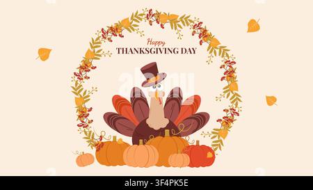 Niedliche Truthahn-Herbstblätter und Kranz-Einladungsvorlage für Thanksgiving. Für Grußkarten-Party-Einladung Druck und Webdesign, Vektorillustration. Stock Vektor