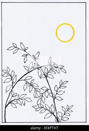 Handgezeichnete botanische Zweiglinienkunst mit belaubten Stielen unter einer hellen Sonne in einer minimalistischen Naturkomposition. Stockfoto