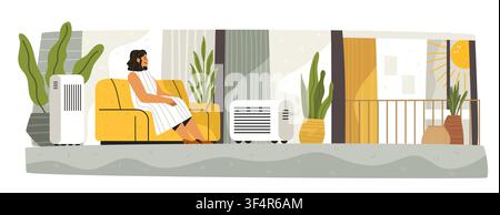 Hitzewelle Europa tragbare Klimaanlage Sommer Wohnzimmer Frau entspannt auf Sofa Zimmerpflanzen Sonnenlicht Balkon moderne Wohnraumgestaltung Stock Vektor