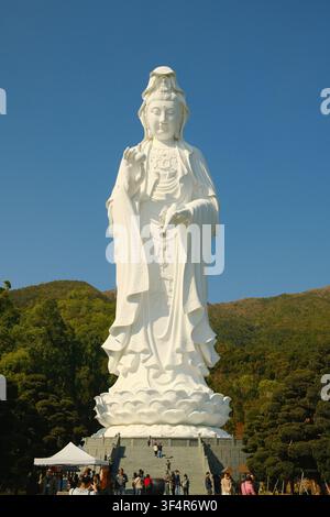 Eine 76 Meter hohe weiße Bronzestatue von Guan Yin (Göttin des Erbarmens) steht vor einem klaren blauen Himmel im Tsz Shan Kloster im Bezirk Tai Po, Hongkong. Stockfoto