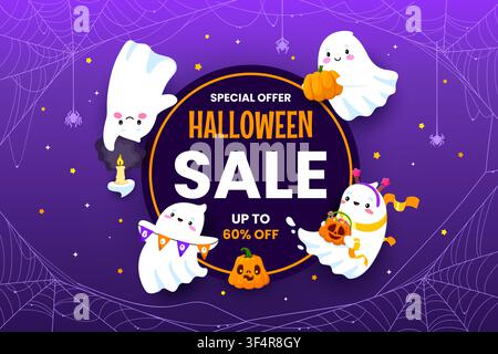 Fröhliches Halloween-Rabattbanner mit Kawaii-Geistern Stock Vektor