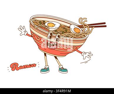 Groovy Ramen-Schüssel oder japanische Nudeln Stock Vektor