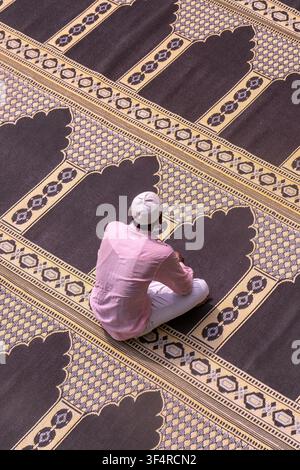 Ein Mann, der auf einem geschmückten Gebetsteppich sitzt, trägt eine weiße Kopfbedeckung und ein pinkes Hemd. Jama Masjid Khairuddin Großmoschee in Amritsar, Indien Stockfoto