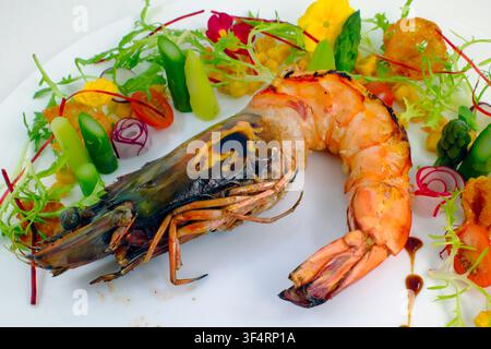 Gegrillte Garnelen serviert mit einem Salat- und Gemüsesalat als Beilage, präsentiert auf einem weißen Teller mit Sauce. Stockfoto