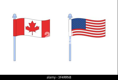 2D-Cartoon-Clipart-Set mit Flaggen von Kanada und den Vereinigten Staaten Stock Vektor