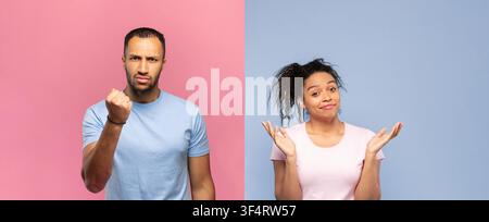 Wütender Mann und verwirrte Frau, die Emotionen ausdrücken, rosa und blauer Hintergrund Stockfoto
