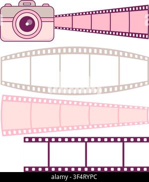 Kamera-Projektions-Filmstreifen-Set. Vintage-Fotopfilmrahmen und Negativstreifen-Sammlung in Pastellrosa-Farben. Vektorillustration. Isoliert auf Wei Stock Vektor